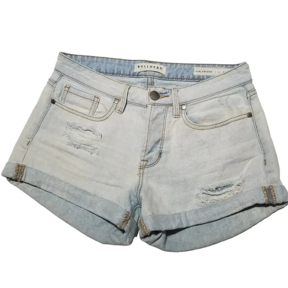 Bullhead Shorts 25 Jean Distressed Denim Girlfriend Light Wash Cuffed